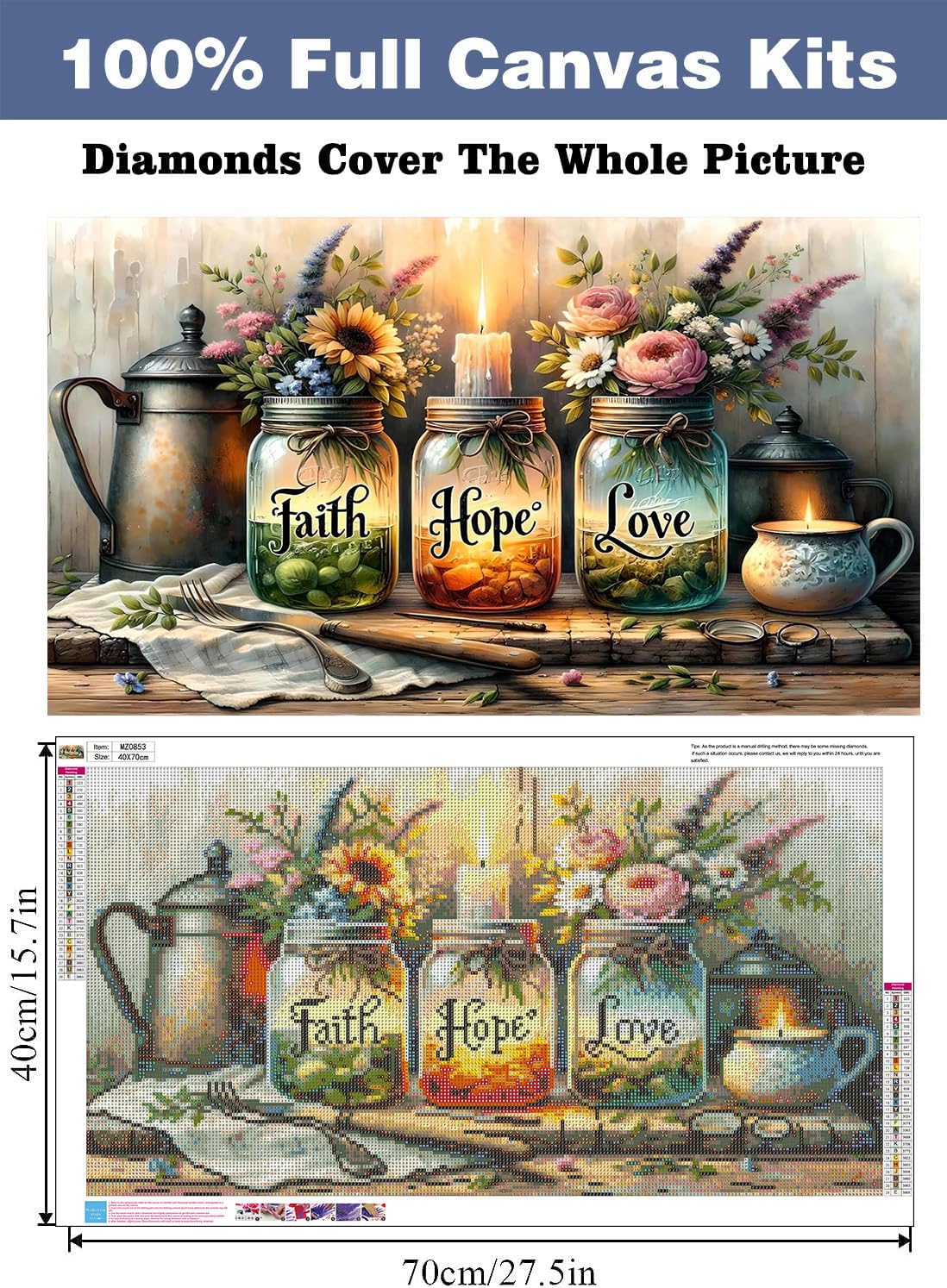 ijbnhd 5D Large Diamond Painting Kits for Adults, Faith,Hope,Love Wishing Bottle Extra Large Diamond Art kit for Beginner, DIY Full Drill Round Gem Art Crafts for Adults Home Wall Decor 16x28inch ijbnhd