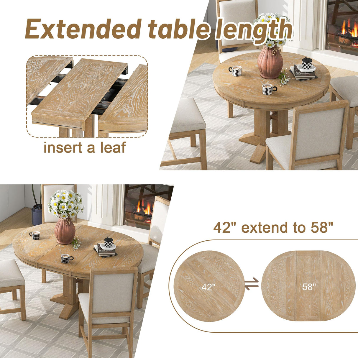 Quarte 5-Piece Farmhouse Round Dining Table Set with Extendable Round Table and 4 Upholstered Chairs, Compact Table Set for Small Kitchen Room (Natural Wood Wash/Adjustable) Quarte