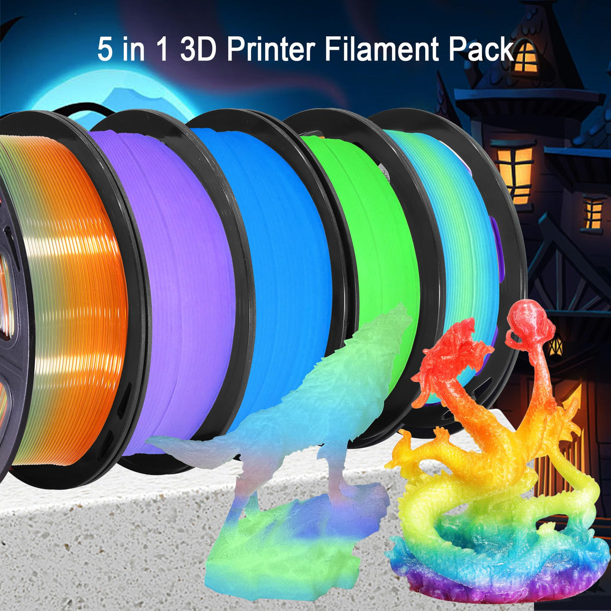 1.75mm PLA 3D Printer Filament Bundle: Glow in Dark Green/Blue/Purple/Rainbow, One Spool Clear Multi Colored, Each Spool 250g, Total 1.25Kg 3D Printing Material, 250g x 5 Spools Glow in Dark PLA DO3D