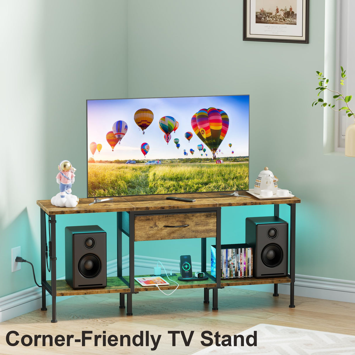 GYIIYUO LED TV Stand with Power Outlet and Fabric Drawer for 55 50 45 Inches TV - Entertainment Center and Industrial TV Console Table for Living Room, Bedroom- 47" Rustic Brown GYIIYUO