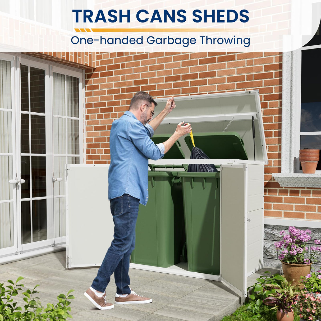 Amopatio 41 Cu Ft Outdoor Storage Shed, Horizontal Resin Trash Can Storage, Weather Resistance, Storage Box with Floor Included for Garden Tools, Lawn Mowers, Garbage Cans, Patio Use, Sandstone Amopatio