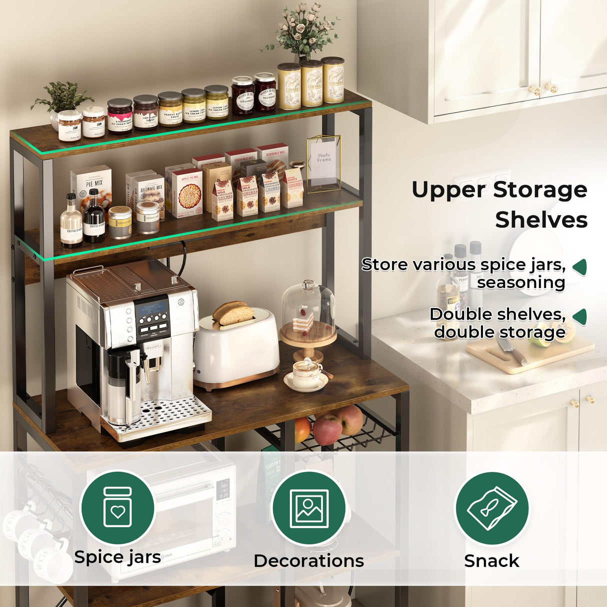 SUPERJARE Rustic Brown Bakers Rack with Power Outlet and Open Storage Space SUPERJARE