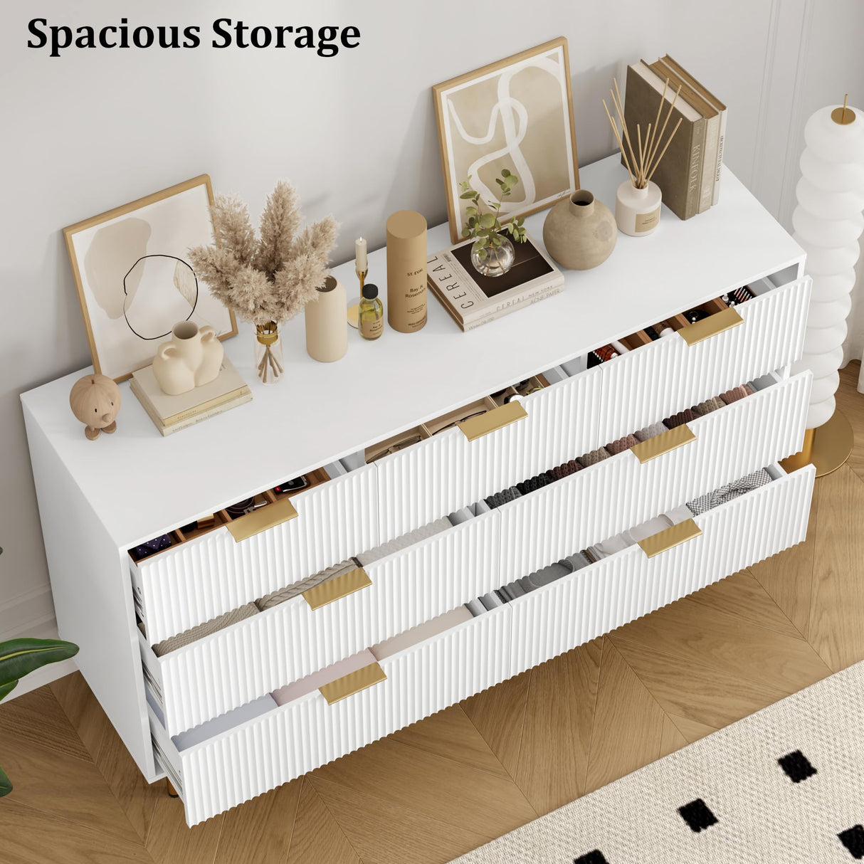 GarveeHome Fluted Wood Dresser 7 Drawers Dresser for Bedroom, Large Modern White Dresser with Gold Handle, Wood Drawer Organizer for Bedroom, Living Room, Hallway, Entryway GarveeHome