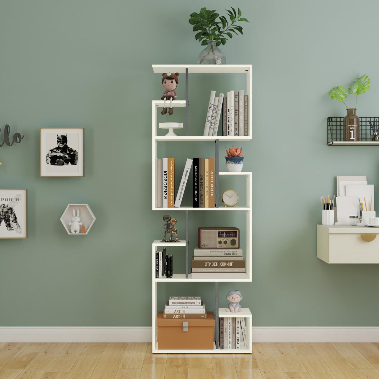 Manora 4 Tier Geometric Bookcase, S Shaped Bookshelf, Modern White Bookcase with Tall Display Shelves, Decorative Storage Shelf for Living Room and Bedroom Manora