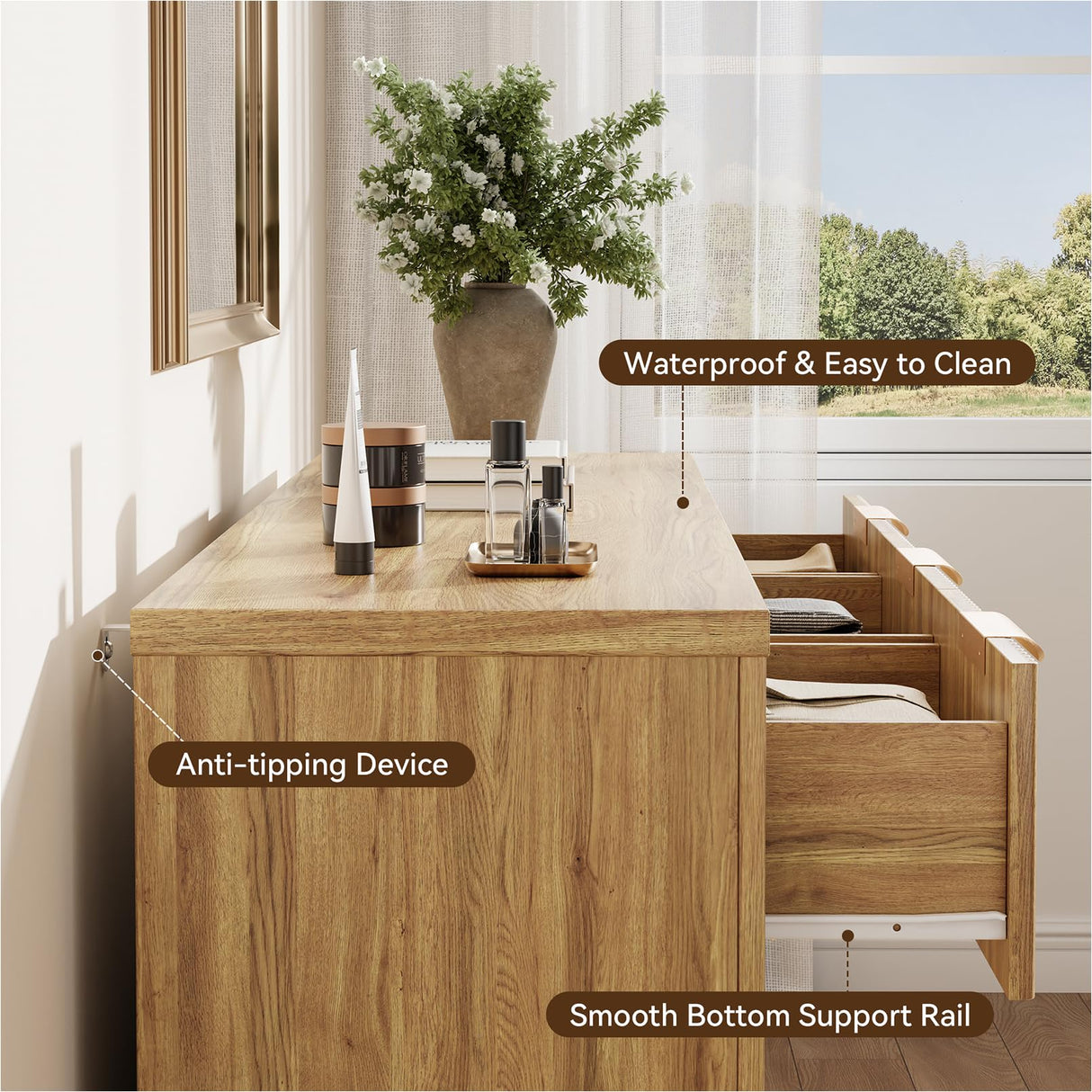 HOTALLOY Fluted Dresser for Bedroom, 9 Drawer Dresser with Gold Handle, 57" Wide Chest of Drawers, Modern Wood Dressers Organizer for Bedroom, Liveroom, Entryway, Natural Oak HOTALLOY
