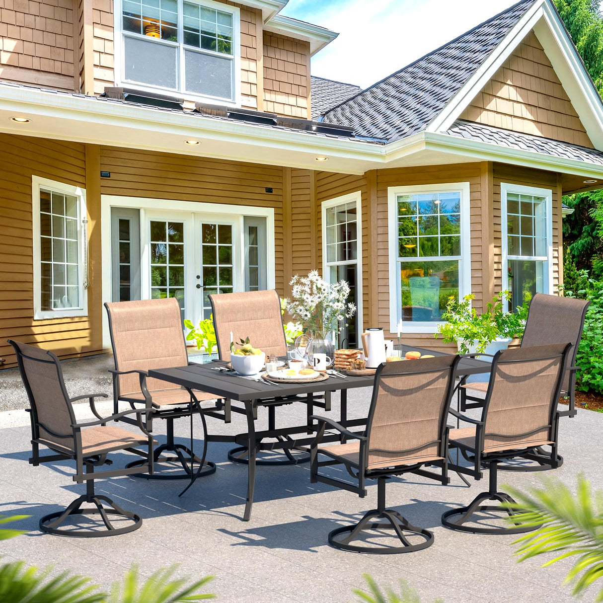 7-Piece Outdoor Patio Dining Set with 6 Swivel Rocker Chairs, Rectangular Metal Table with Umbrella Hole, 6-Person Patio Table and Chairs furniture for Backyard, poolside, Balcony and Garden Brown BUPPLEE
