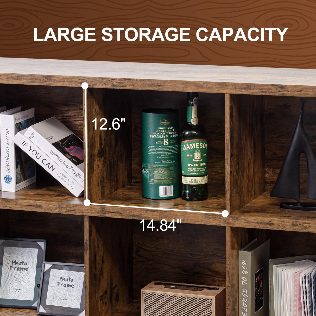 VAKATRELL 8 Cube Storage Organizer Bookshelf, Industrial Horizontal Bookcase, Accent Cubby Shelf, Media Console Table for Living Room, Home Storage, 63 Inches, Rustic Brown VAKATRELL