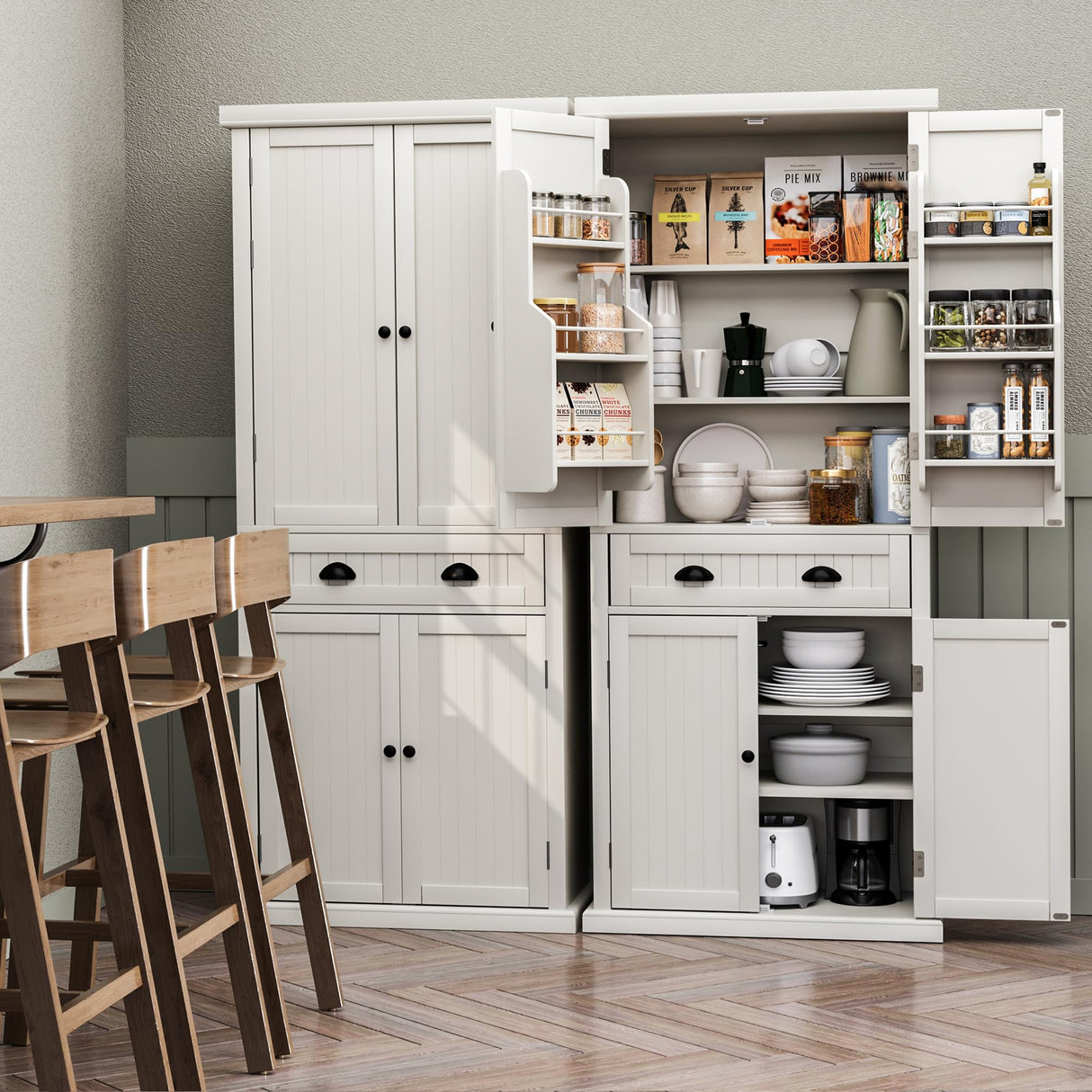 VVFLU Kitchen Pantry Storage Cabinet with Doors and Shelves, 72" Tall Cupboard Freestanding, Linen Utility Cabinet, 4 Doors, 1 Deep Drawer, Modern, for Dinning Room, Living Room, Laundry VVFLU