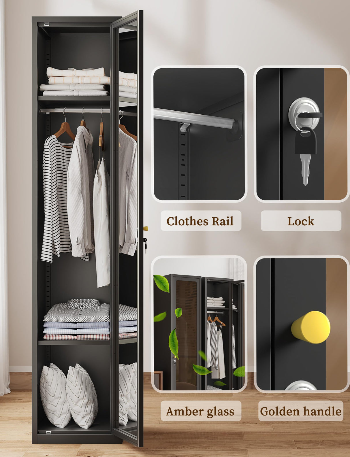 VCGGAIP Metal Locker 0rganizer for Employees with Lock, Amber Glass Door Cabinet with Mirror,Lockable Lifetime Locker for Home, Office, Gym, School, Garage,Black (Single Door, Black) VCGGAIP