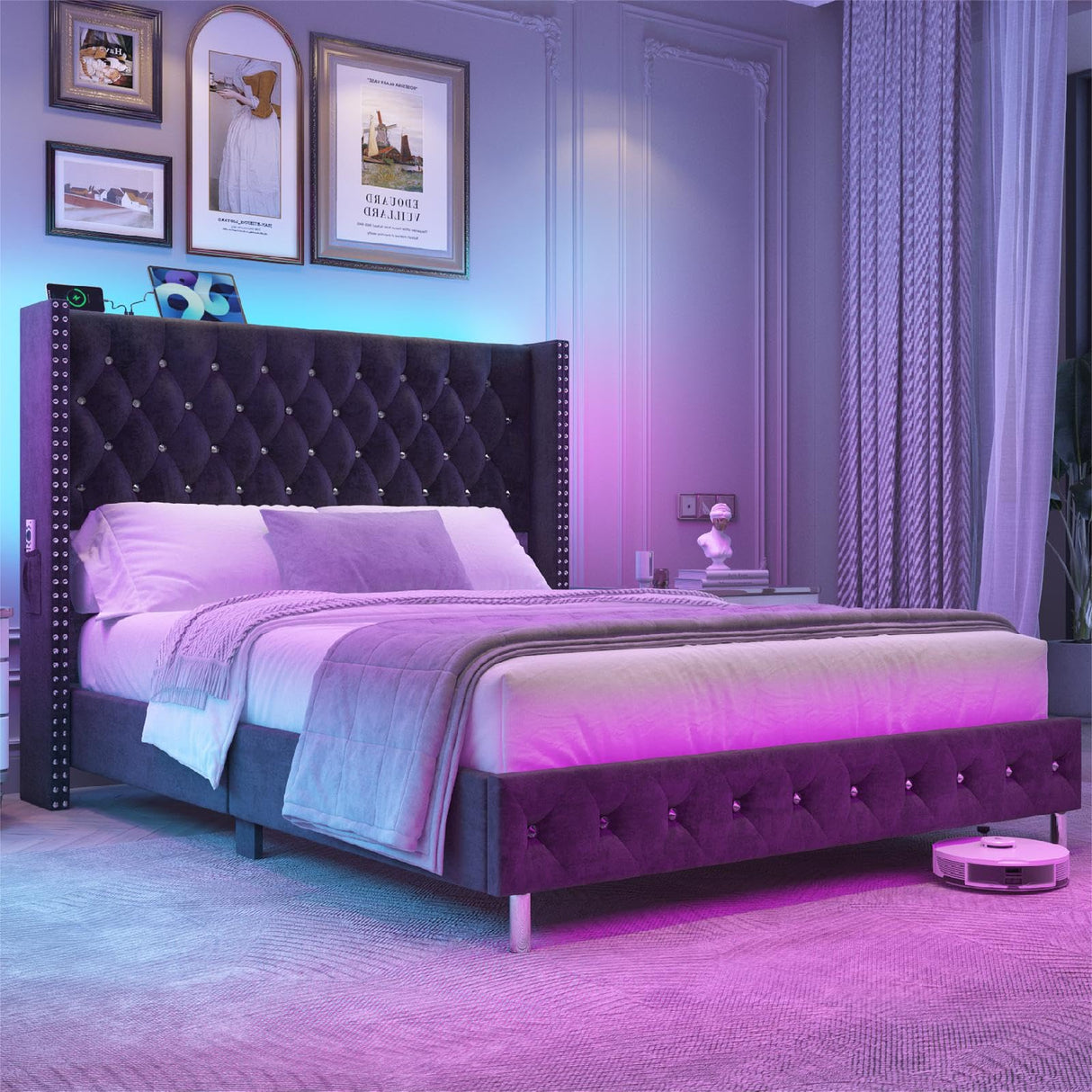 Hlivelood Queen LED Upholstered Bed Frame with Wingback Headboard, Velvet Diamond Button Tufted Bed Frame w/USB&Type-C Ports, Pocket and LED Lights, Wood Slats Support, No Box Spring Needed, Dark Grey Hlivelood