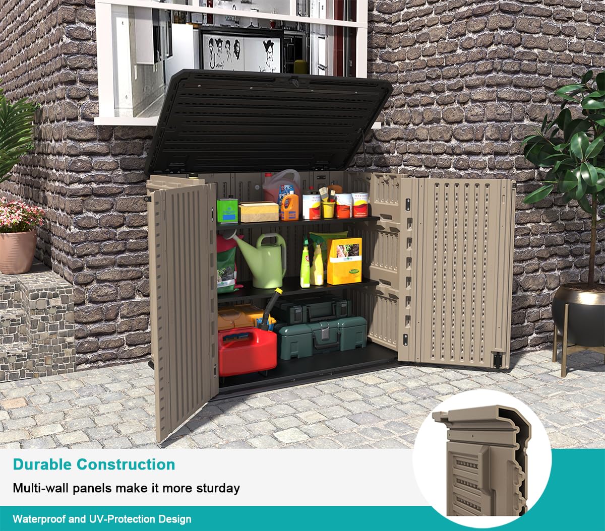 KINYING Outdoor Storage Shed - Horizontal Storage Cabinet Waterproof for Garden, Patio, Backyard, Storage Box for Easy Storage of Garbage Cans, Tools, Lawn Mower, 26 Cubic Feet,Dark Brown KINYING