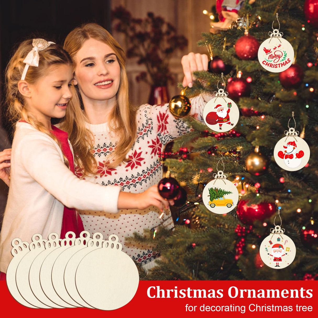 50 PCS Wooden Christmas Ornaments, 3 Inch DIY Wood Ornament for Crafts, Unfinished Wood Ornament to Paint, Blank Round Wooden Ornaments, Make Your Own Paintable Wood Slice MOWPOG