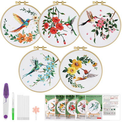 ERKOON 5 Sets Embroidery Kit for Beginners, Hummingbird and Flower Cross Stitch Set for Include Embroidery Cloth Hoops Threads for Craft Lover Hand Stitch with Embroidery Skill Techniques