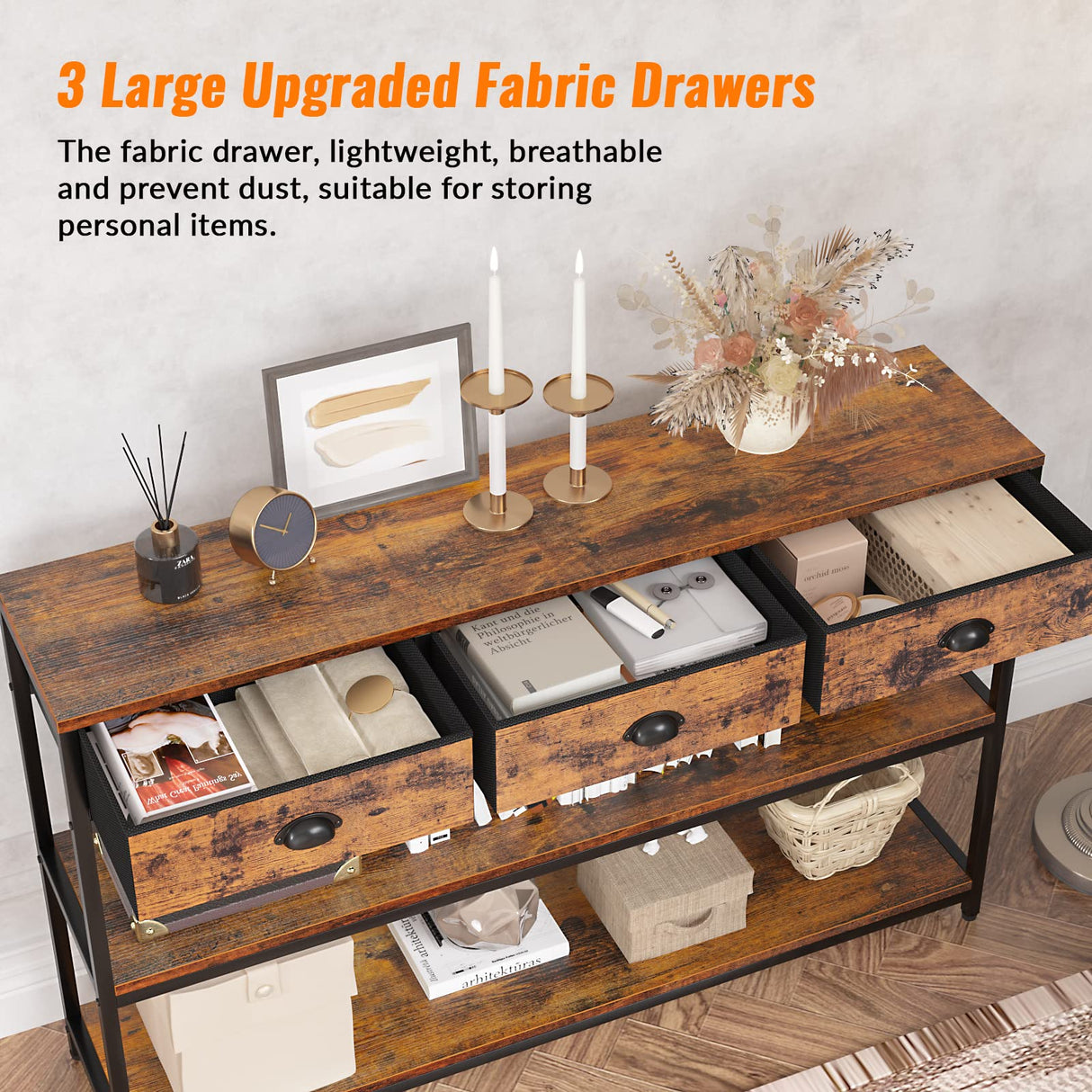 Furologee Long 47" Console Sofa Table with 3 Drawers, Entryway Table with 3-Tier Storage Shelves, Industrial Display Shelf for Entry Way, Hallway, Couch, Living Room, Kitchen, Foyer, Rustic Brown Furologee
