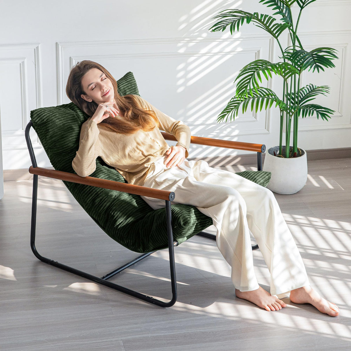 MAXYOYO Modern Accent Chair, Comfy Living Room Chair with Metal Frame Wooden Armrest, Upholstered Armchair with Soft Cushion for Bedroom Balcony Lounge Reading Room, Dark Green MAXYOYO