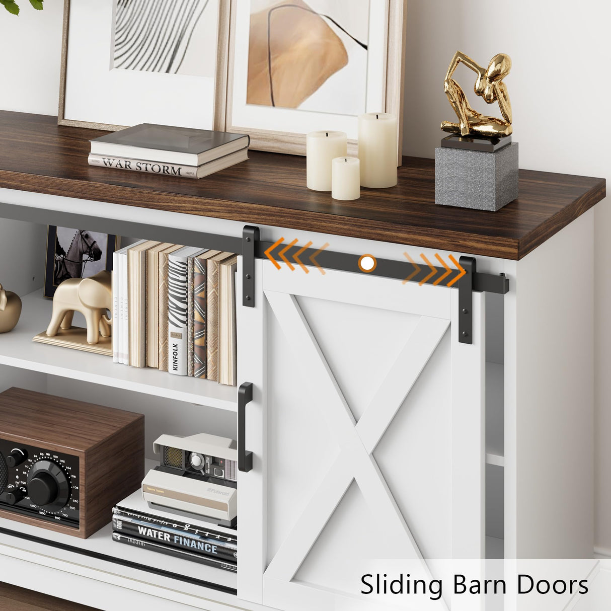 CABIHOME Farmhouse Tv Stand for 65 Inches TVs, Entertainment Center with Storage and Sliding Barn Doors, Adjustable Shelf Modern Media TV Console TV Stand Table for Living Room, Bedroom, White CABIHOME