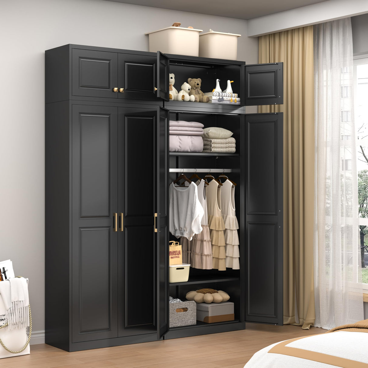 TIMELESS PIECES 86" Metal Wardrobe Cabinets,Black Armoire Wardrobe Closet with Hanging Rod,Clothes Storage Cabinet with Adjustable Shelves and Doors,Clothing Cabinet for Bedroom,Laundry Room TIMELESS PIECES
