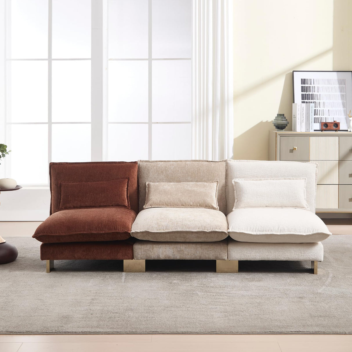 Hyfirm Small Modular Sofa Armless Loveseat, Modern 2-Seats Mini Sofa Couch with Pillows Convertible Love Seat with Gold Legs for Small Spaces Living Room, Beige Chenille Hyfirm