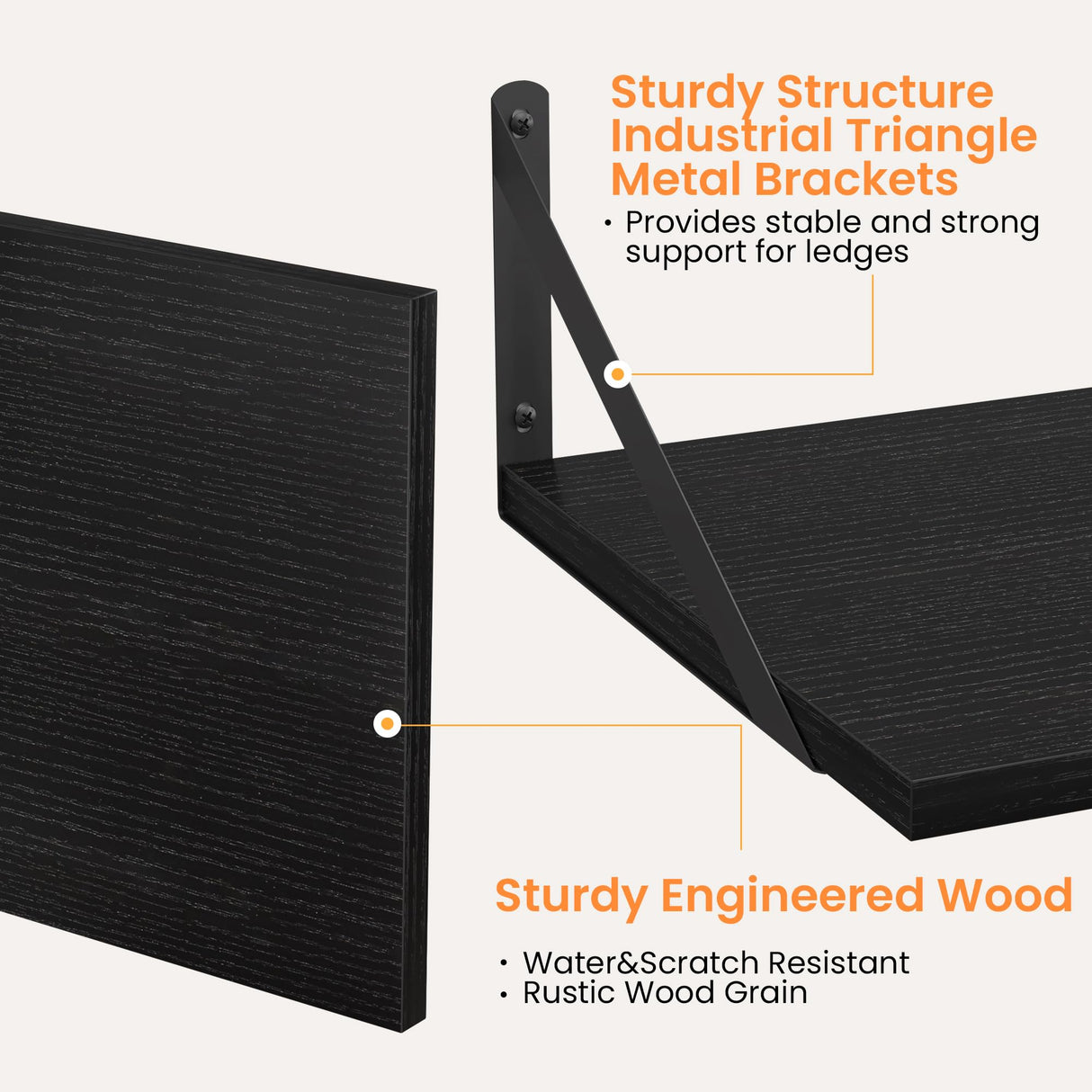 Heimlove Black Deep Floating Shelves for Wall, 16W x 12D Wood Wall Shelves Set of 2, Wide Floating Bookshelf for Living Room, Kitchen, Office, Bedroom and Decor Storage, with Metal Bracket - Black Heimlove