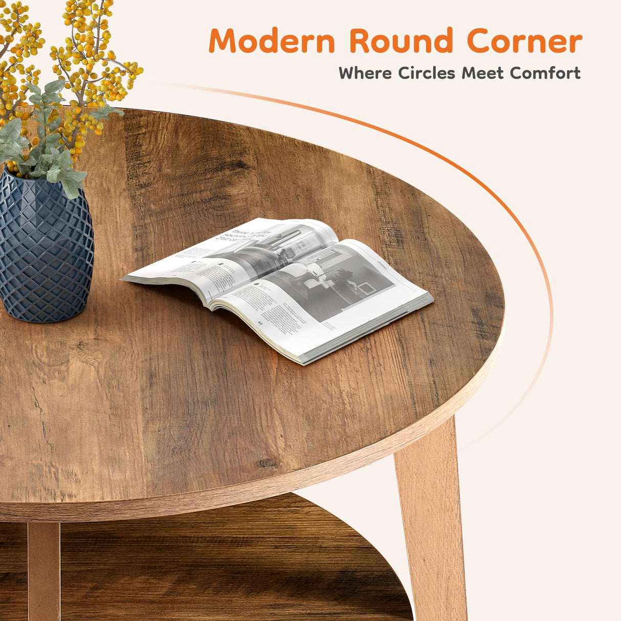 DUMOS Round Coffee Table, 32'' Wood Coffee Tables for Living Room with Storage, 2-Tier Center Circle Counter with Wooded Desktop, 50 lbs Capacity, Anti-Slip Feet, Modern Farmhouse Design, Tank DUMOS