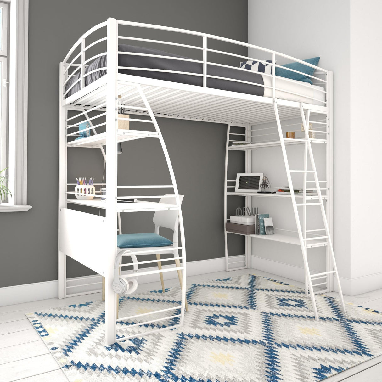 REALROOMS Serenity Studio Twin Metal Loft Bed with Integrated Desk and Shelves, Off White REALROOMS