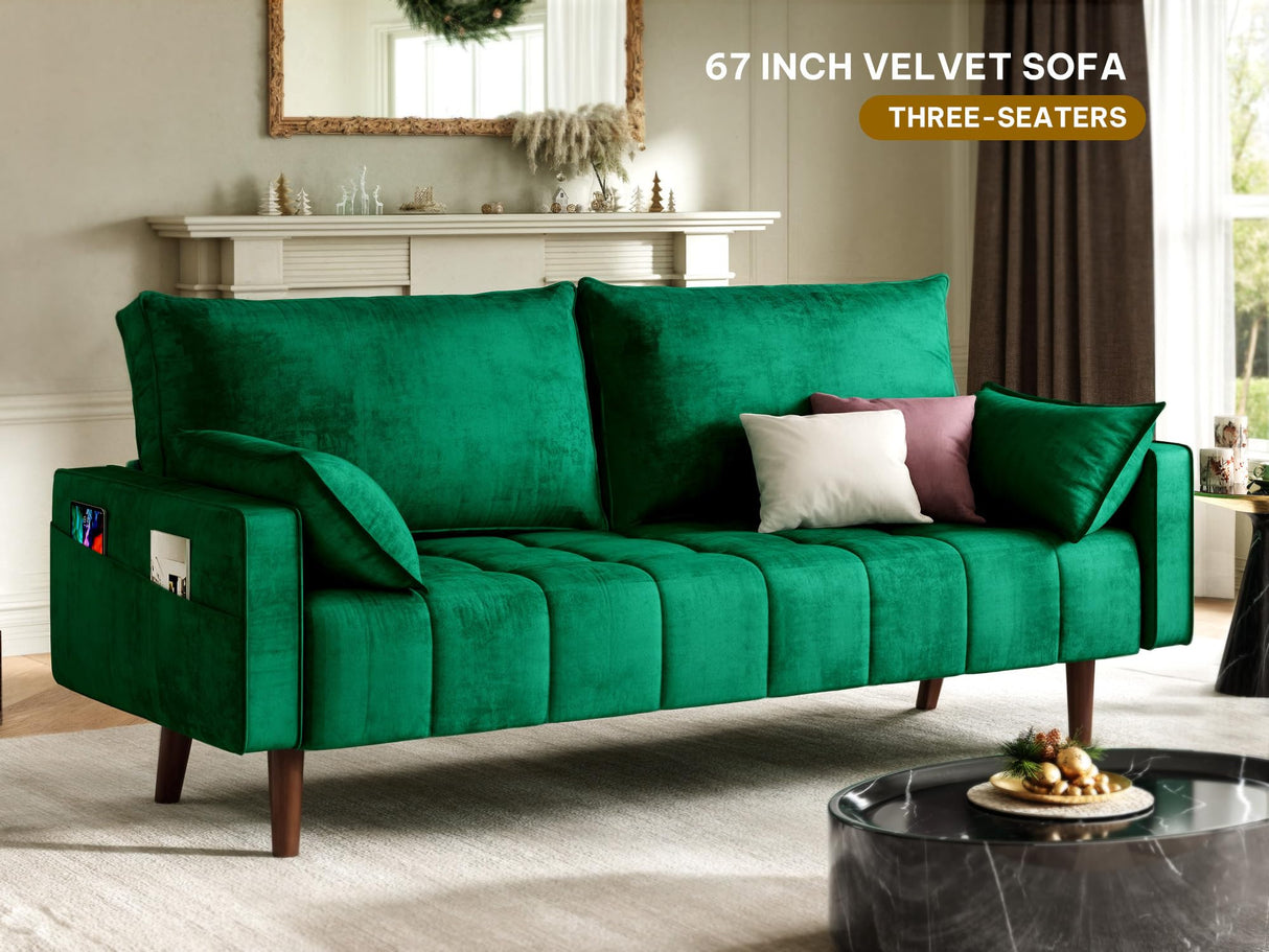 YITAHOME 67" Loveseat Sofa, Velvet Fabric Sofa Couch for Small Space, Modern Loveseat with Button Tufted Seat and Side Storage Pockect, 3 Seater Couch for Living Room Bedroom, 2 Pillow Included, Green YITAHOME