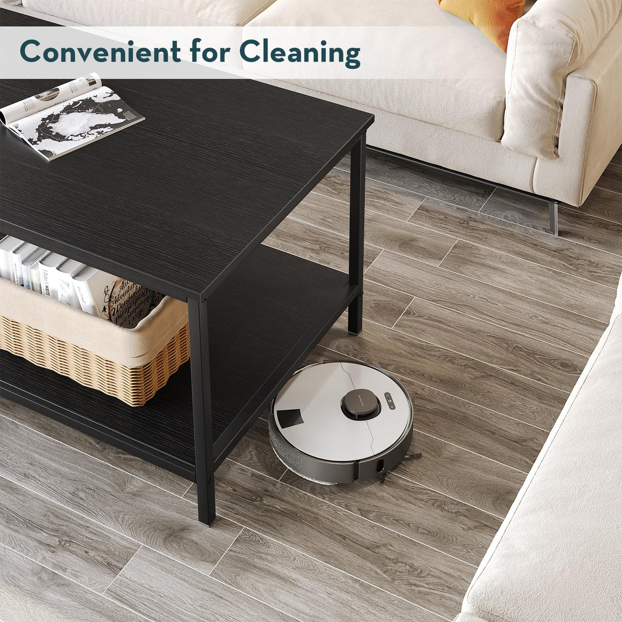 SAYGOER Black Coffee Table for Living Room Modern Rectangle 2-Tier Coffee Tables with Storage Industrial Wood Center Table for Large or Small Spaces Apartment Home Office, All Black SAYGOER