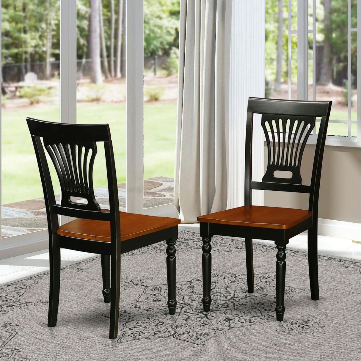 East West Furniture Plainville Dining Stylish Back Wooden Seat Chairs, Set of 2, Black & Cherry East West Furniture