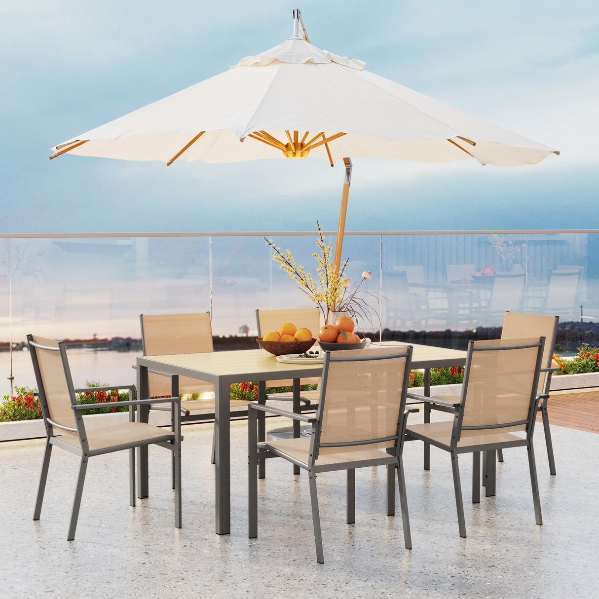 Ahomly Patio Table and Chairs Set for 6, Outdoor Dining Set Includes 59.5" Rectangle Patio Table with Side Umbrella Hole and 6 Textilene Fabric Patio Chairs for Backyard, Courtyard, Poolside, Brown Ahomly