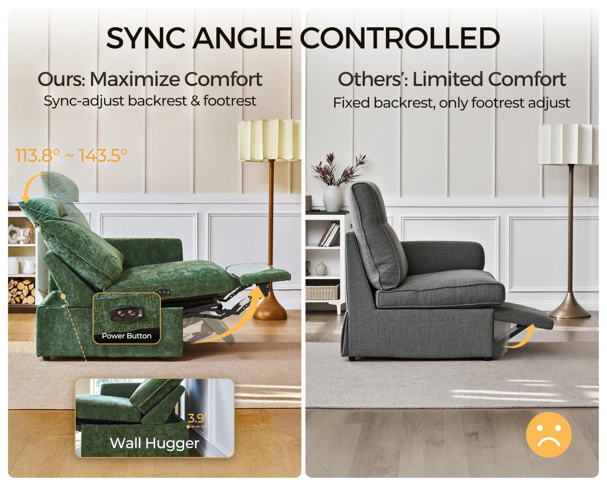 Bedeep Oversized Modular Sectional Sofa with Double Power Recliner, Cloud Reclining Couch with Headrest, Storage Drawer Charging Cup Holders, Deep L-Shaped 6 Seater with Corner, Chenille, Green Bedeep