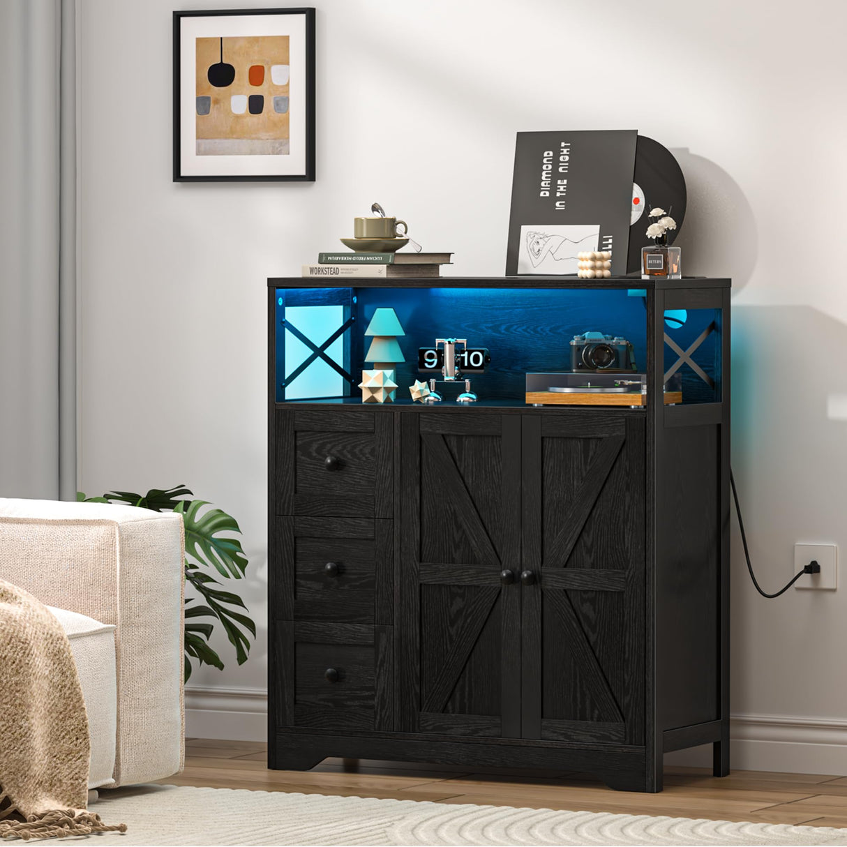 Yoobure Storage Cabinet with Doors and Shelves, LED Coffee Bar Cabinet with Power Outlet, Farmhouse Kitchen Buffet Cabinet with Drawers Accent Pantry Cabinet Sideboard for Living Room Entryway Yoobure