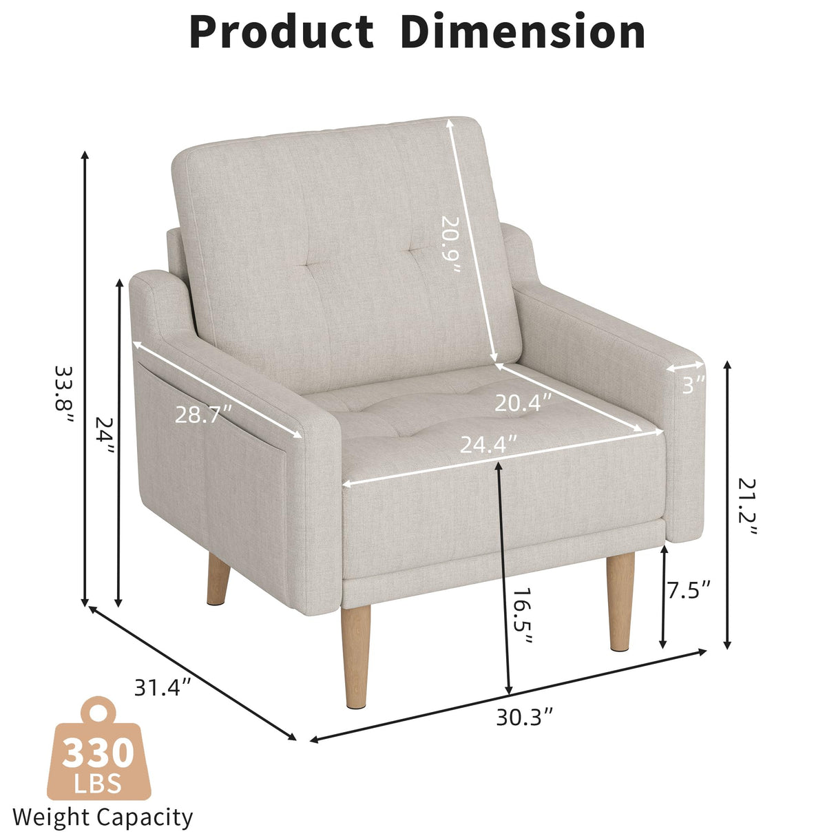 EJUNQ Mid Century Modern Accent Chair ,Upholstered Armchair,Comfy Reading Chair with Wood Legs,Fabric Single Sofa Chair for Living Room Bedroom Small Spaces(Ivory) EJUNQ