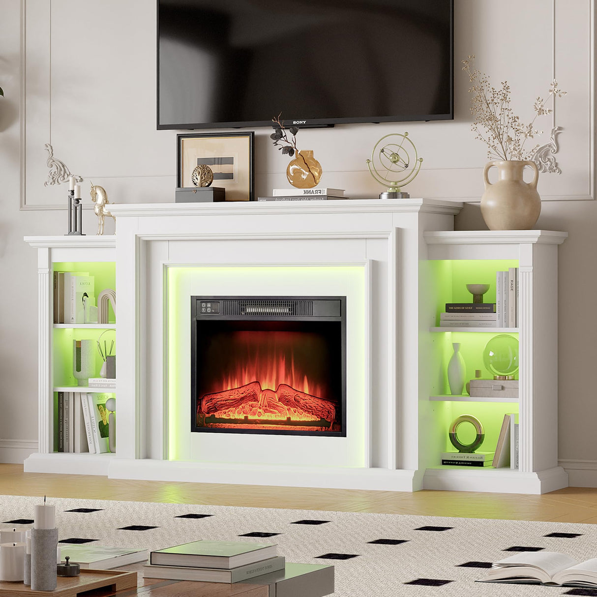 72" Electric Fireplace with Mantel,White TV Stand with Fireplace,Modern Entertainment Center with LED Lights for Bedroom Living Room BLANKSPACE