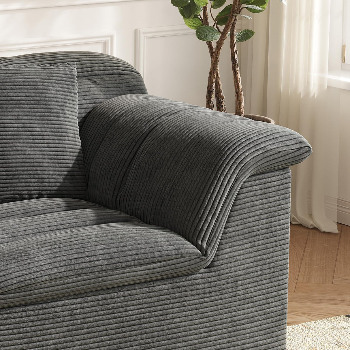 44" Modern Sectional Sofa, Upholstered Corduroy Cloud Couch with Deep Seat, Comfy Boneless Loveseat for Living Room, No Assembly Required, Dark Gray, Right Side SUNG7