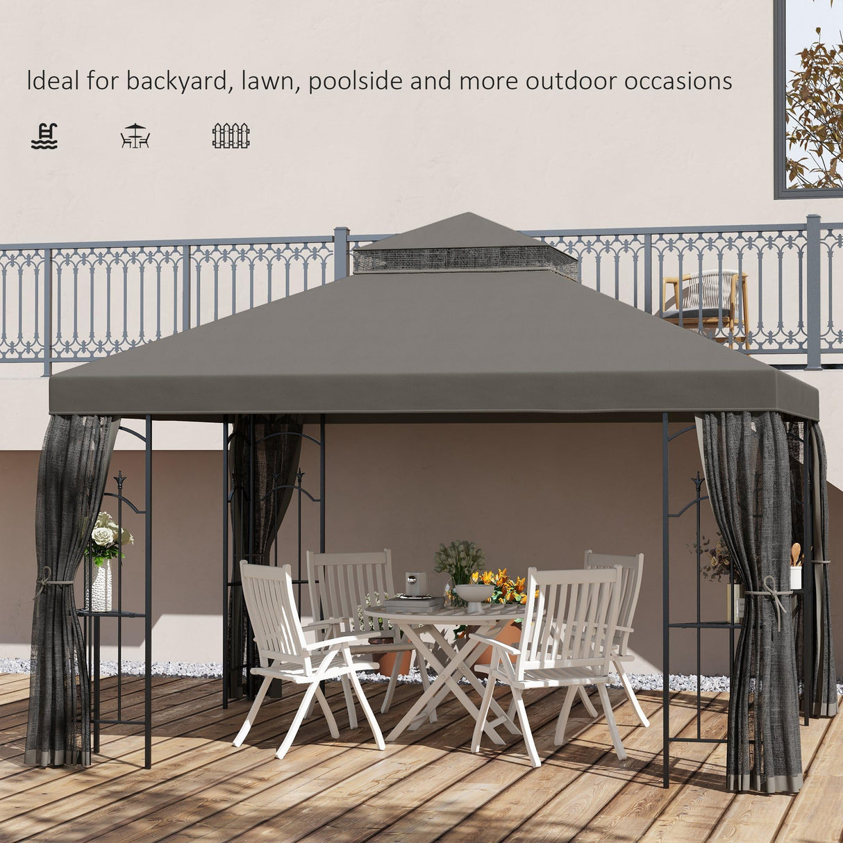 Outsunny 10' x 12' Patio Gazebo with Corner Frame Shelves, Double Roof Outdoor Gazebo Canopy Shelter with Netting for Patio, Wedding, Catering & Events, Gray Outsunny