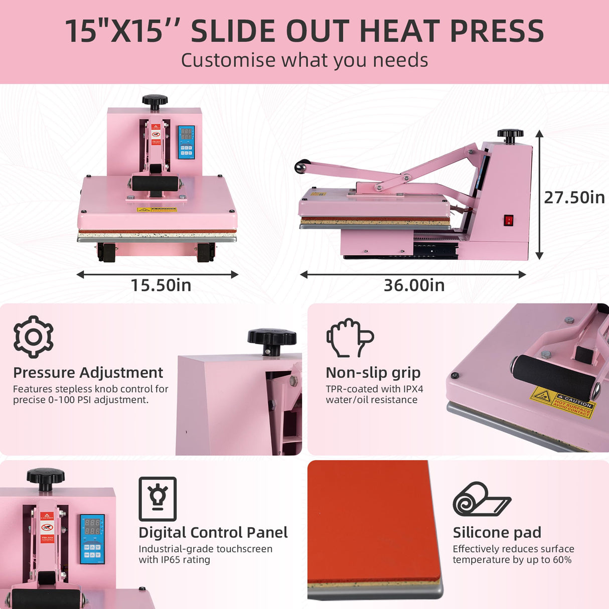 15x15 Inch Heat Press Machine with Slide-Out Drawer, Manual Clamshell Design, Digital Temp & Timer Control, Pink 1400W Heat Transfer Machine for T-Shirts, Vinyl, Fabric, DIY Projects & More Sanch Ancha