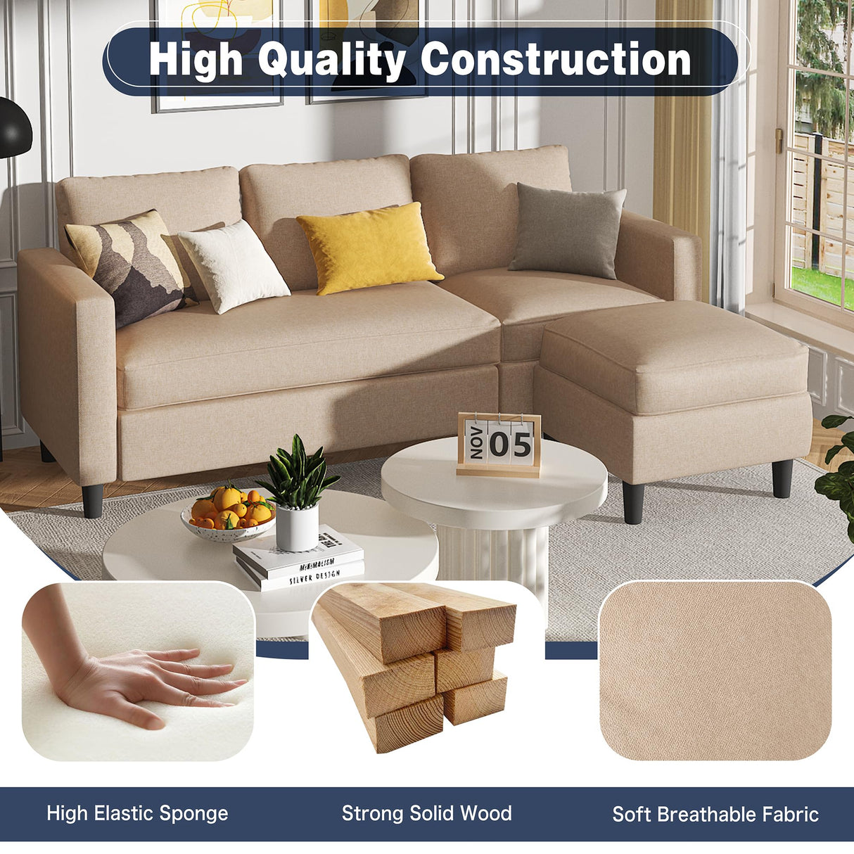 Shintenchi Small Sectional Sofa Couch,3 Seat L Shape Sofas with Ottoman,Upholstered Fabric Convertible Sofa Couches,Small Couches for Apartments, Living Room and Office (Beige) Shintenchi