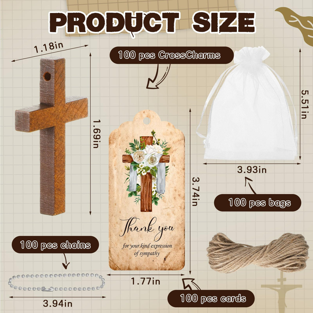 Tradder 100 Set Funeral Favors Set 100 Wooden Cross Keychain 100 Funeral Thank You Cards 100 Organza Bags for Celebration of Life Decorations, Funeral Guest Family Friends Loved Ones (Cross) Tradder
