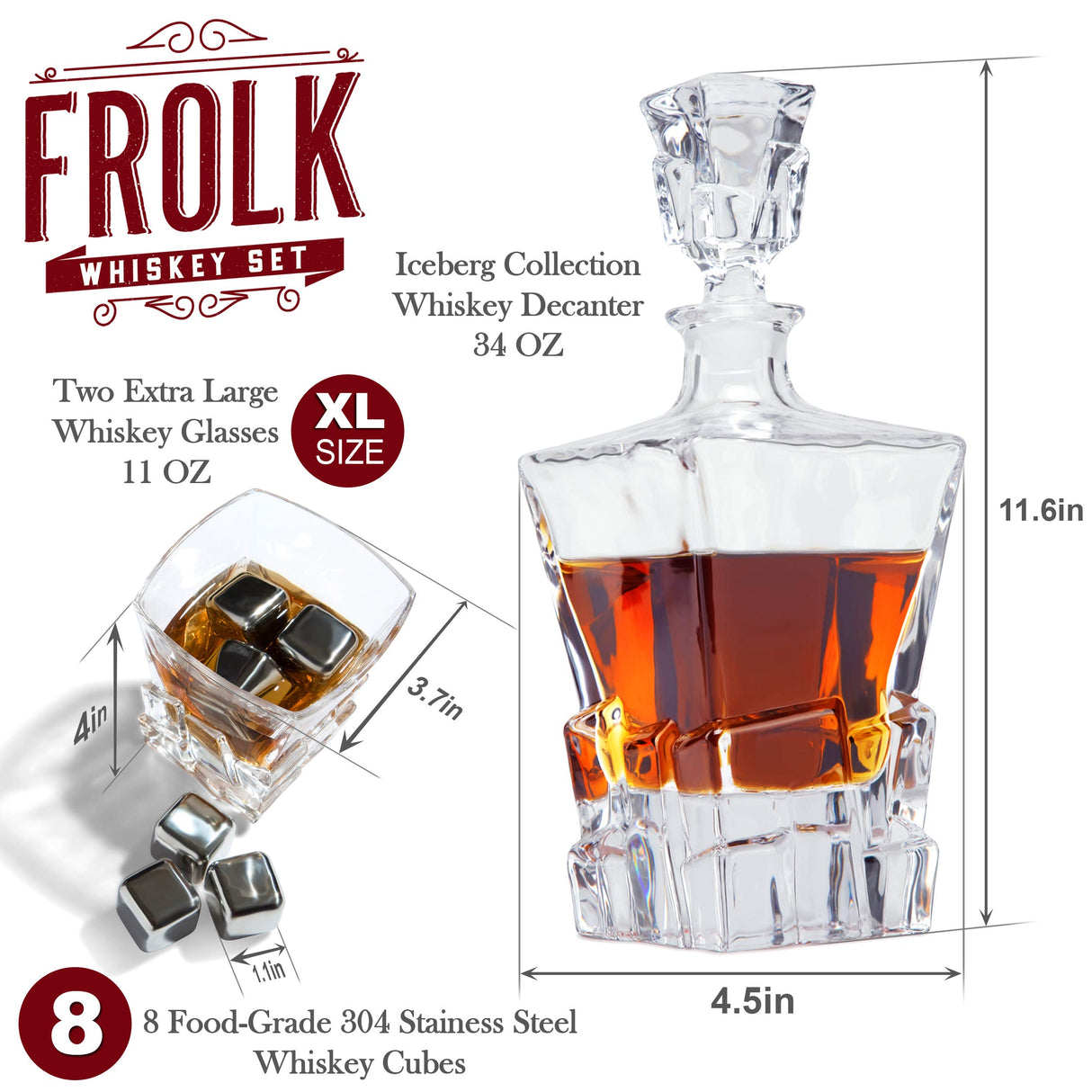Whiskey Decanter and Stones Gift Set for Men - Whiskey Decanter, 2 Rocks Whiskey Glasses, 8 Stainless Steel Whisky Cubes, 2 Slate Coasters, Special Tongs & Freezer Pouch in Pinewood Gift Box Frolk