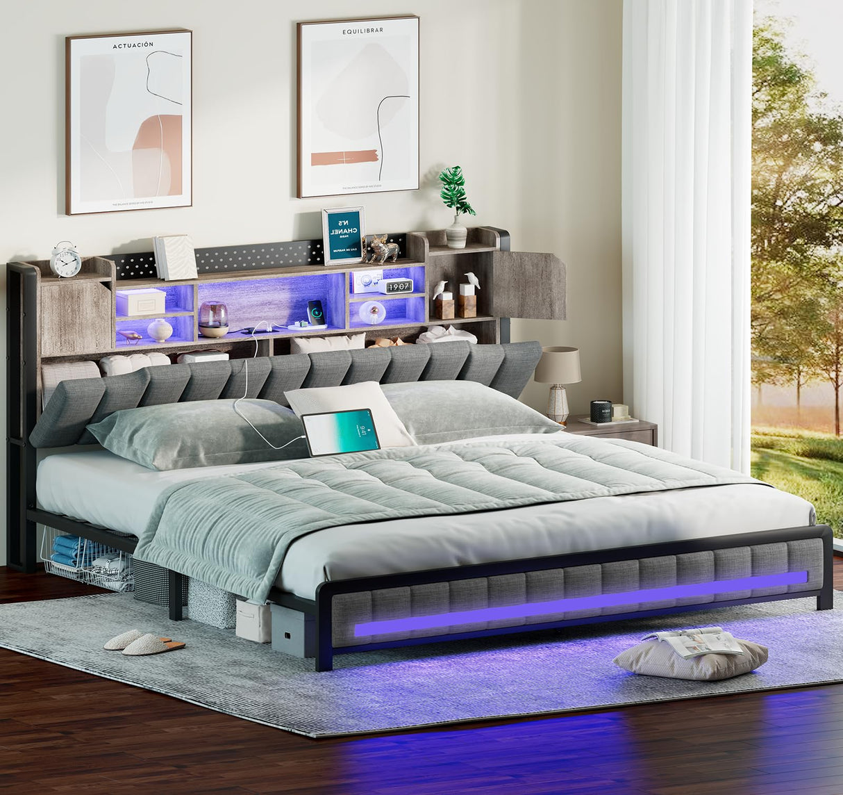 CSZZD King Size Upholstered Bed Frame with Storage Headboard, LED Lights, and Charging Station in Oak Gray CSZZD