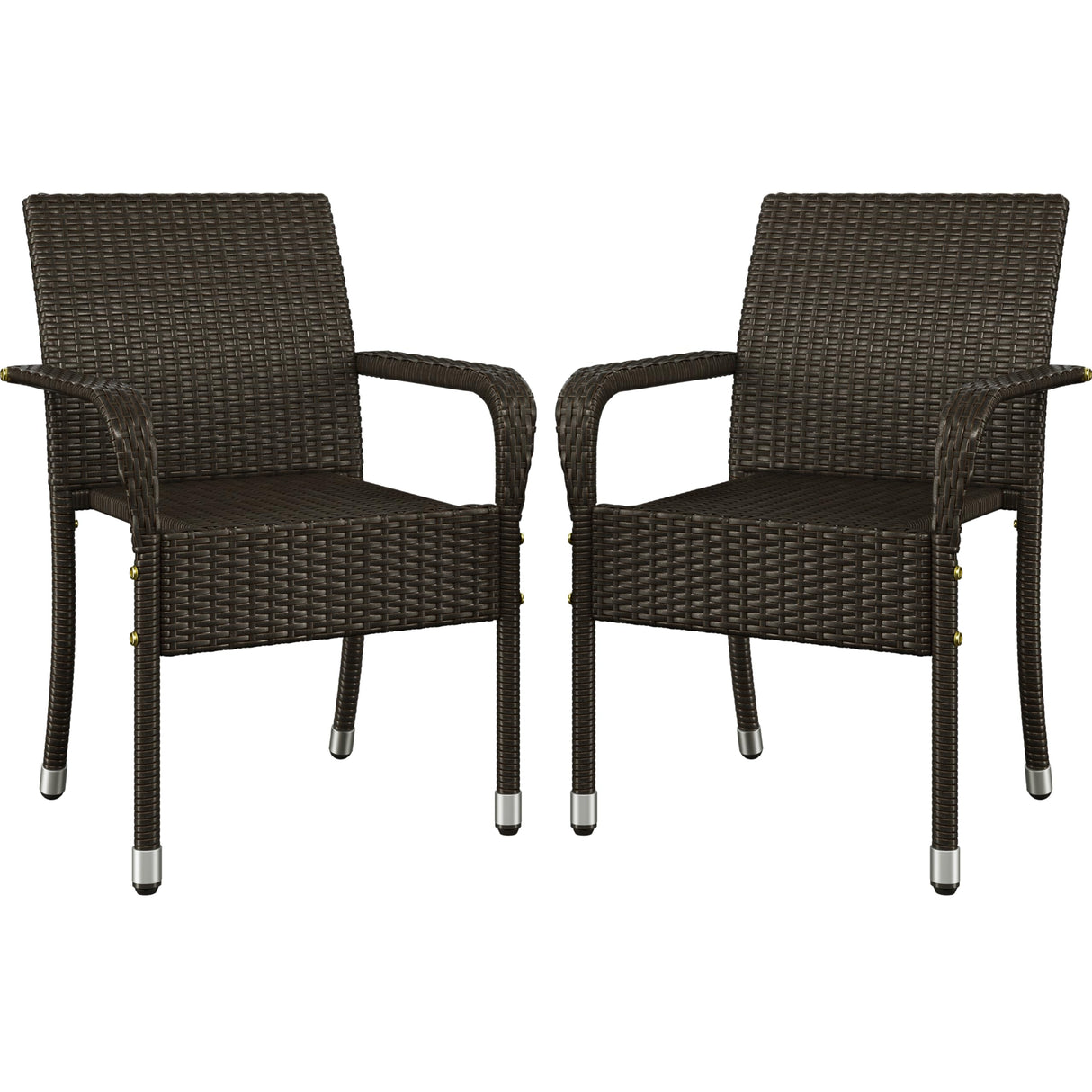 Yaheetech Set of 2 Stackable Outdoor Rattan Dining Chairs, All-Weather Armchair w/Armrests, Steel Frame for Garden, Patio, Deck, Yard, Poolside, Brown Yaheetech