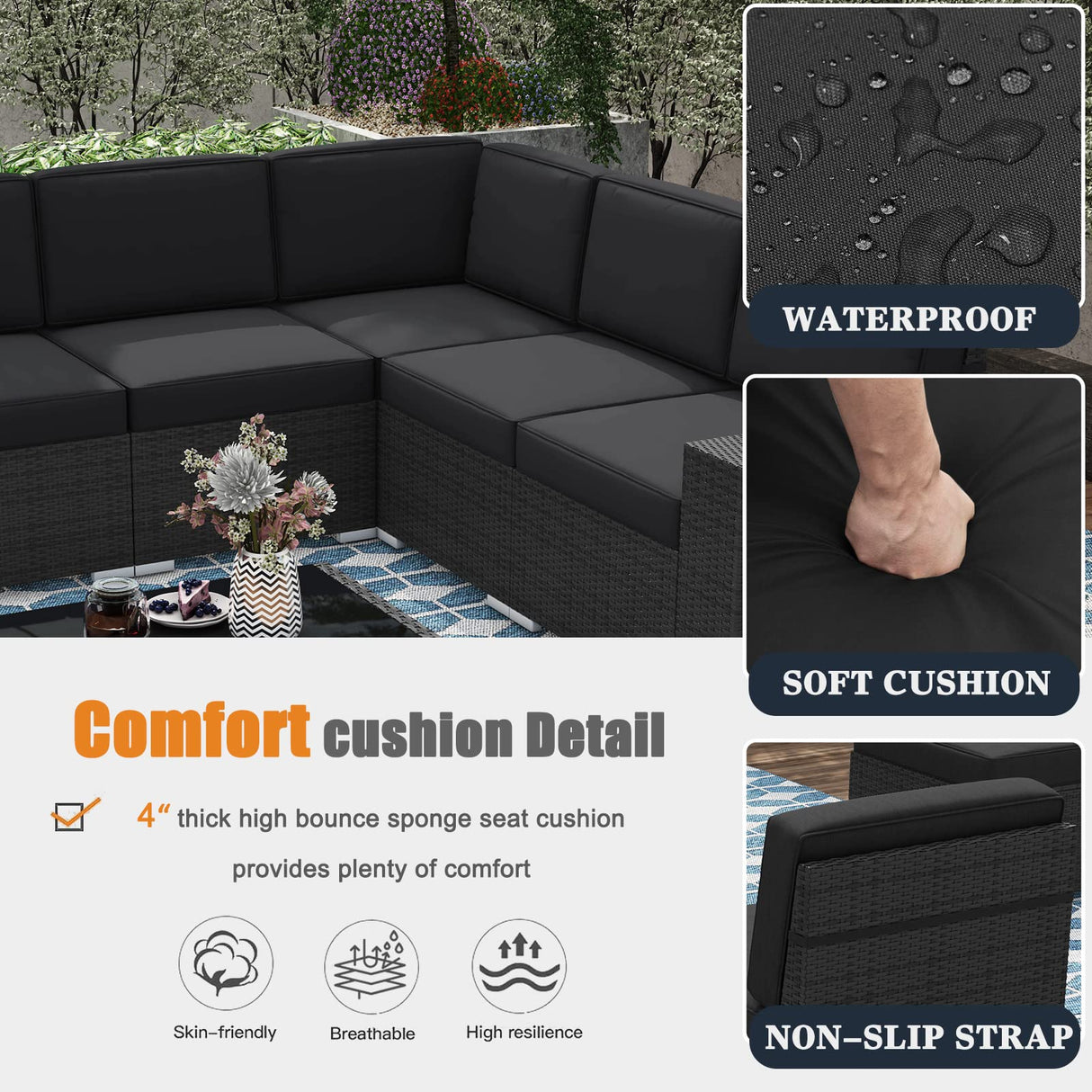 KHOLH 7 Pieces Patio Furniture Conversation Sofa Set with 44" Propane Gas Fire Pit Table, Outdoor Sectional Black Rattan Wicker Sofa Set KHOLH