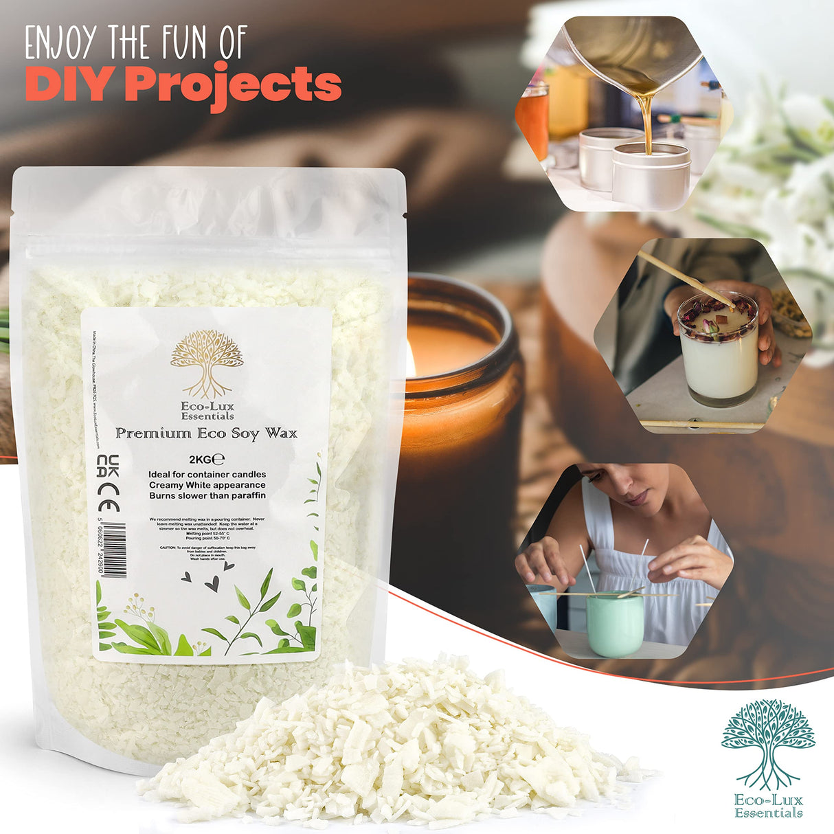 Eco-Lux Essentials 4.4lbs Premium Eco Soy Wax, White, Vegan Cruelty Free, Candle Making from Organic Farm 100% Natural SOYA Wax (4.4, Pounds) The Glowhouse