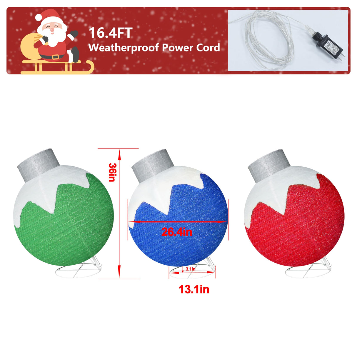Yardenaler 3-Piece Pop-Up Christmas Ball Set with 90 LED Lights for Christmas Decoration, Pre-Lit Iridescent Christmas Ball Ornaments Decor with Base, 3D Glittered Standing Holiday Display for Outdoor Yardenaler