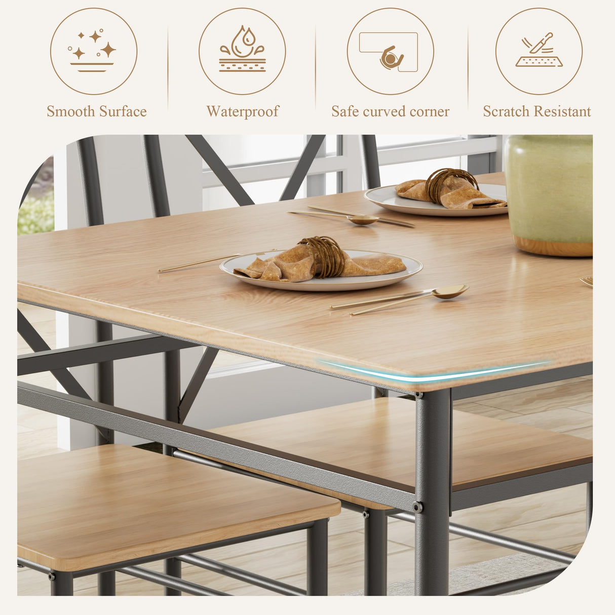 VECELO 5-Piece Kitchen Dining Table Set, Wood Tabletop & Heavy-Duty Metel Frame, Rectangle Dinette with 4 Chairs for Small Space, Breakfast Nook, Natural & Black VECELO