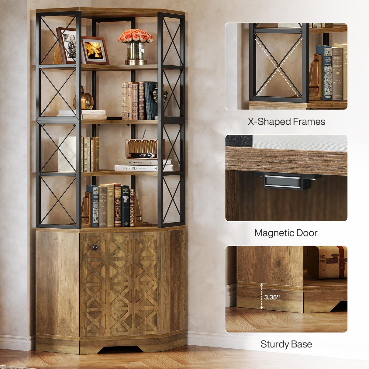 Tribesigns 76-Inch Tall Corner Cabinet, 7-Tier Industrial Corner Bookshelf Bookcase with Storage Rack, Freestanding Display Shelving Unit for Living Room, Kitchen, Home, Brown Tribesigns