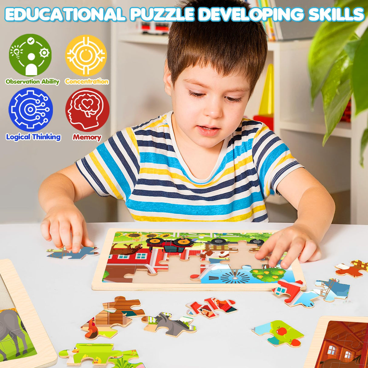 Wooden Farm Puzzles for Kids Age 3 4 5 Year Old, 4 Pack 24 Pcs Montessori Toddler Jigsaw Puzzles for Girl boy Activities Preschool Learning Educational Birthday Gift LACCHOUFEE