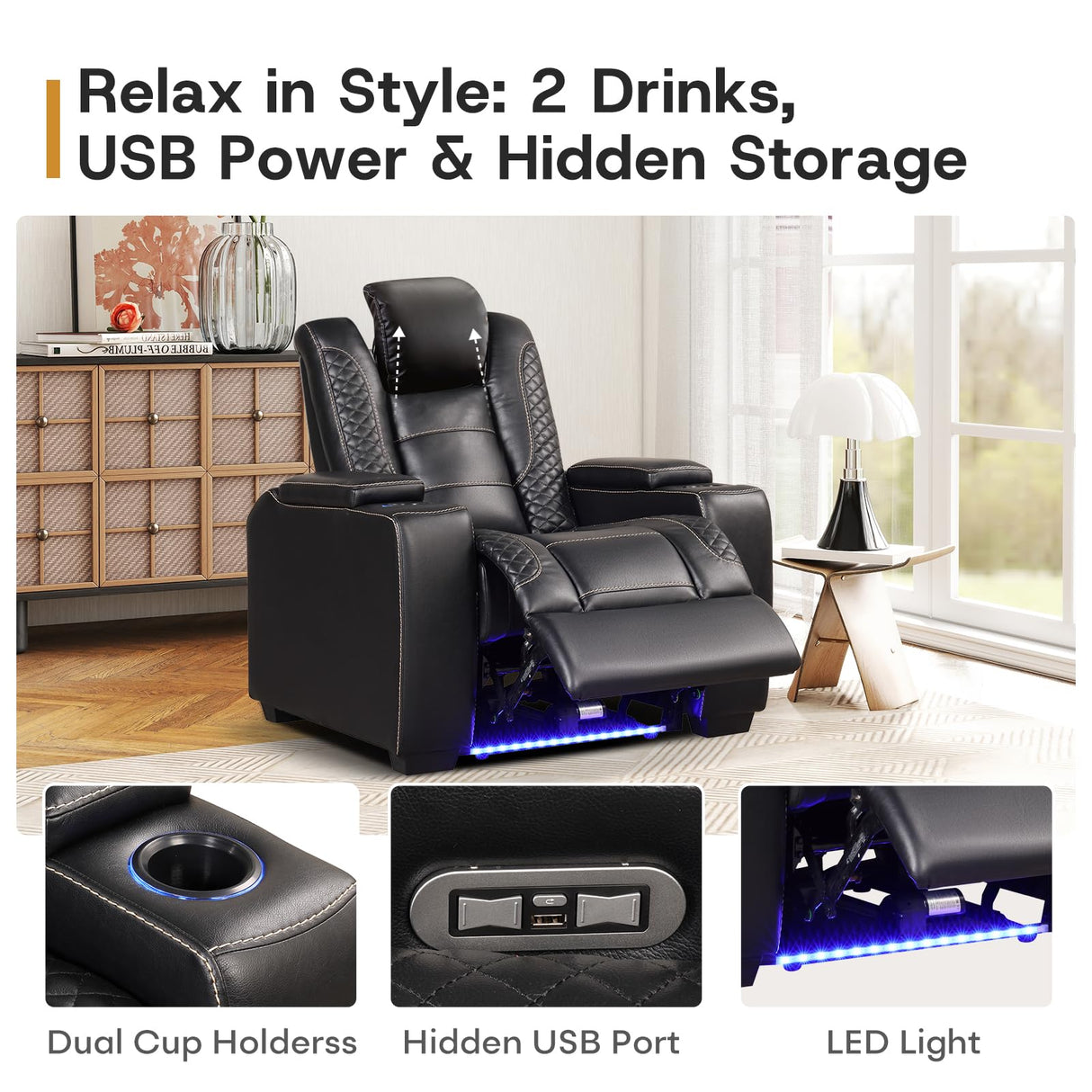 ANJ Power Home Theater Seating Set of 2, PU Leather Electric Recliner Chair with Powered Headrest, Dual Motors Movie Reclining Chairs with LED Lights,USB Port, Cup Holders, Hidden Arm Storage (Black) ANJ