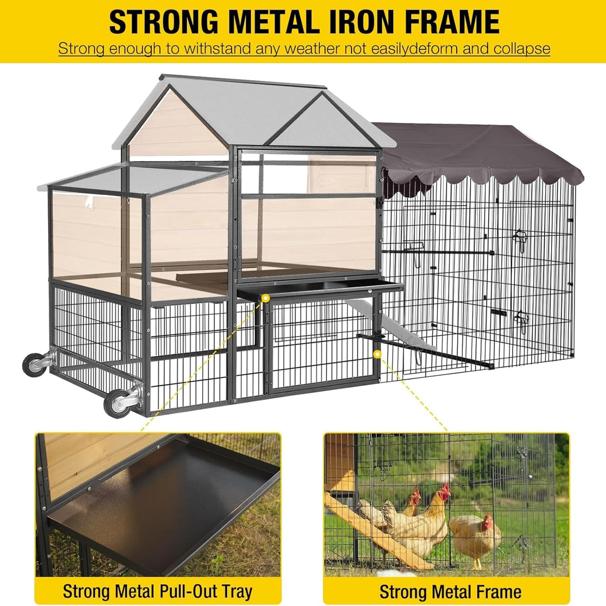 Chicken Coop All-Iron Frame Large Hen House Mobile Poultry Cage with Nesting Box,Metal Run,Waterproof Rain Cover Duck Coop, 85" Aivituvin