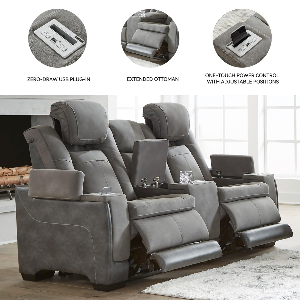 Signature Design by Ashley Next-Gen DuraPella Modern Faux Leather Power Reclining Loveseat with Console & Adjustable Headrest, Gray Signature Design by Ashley